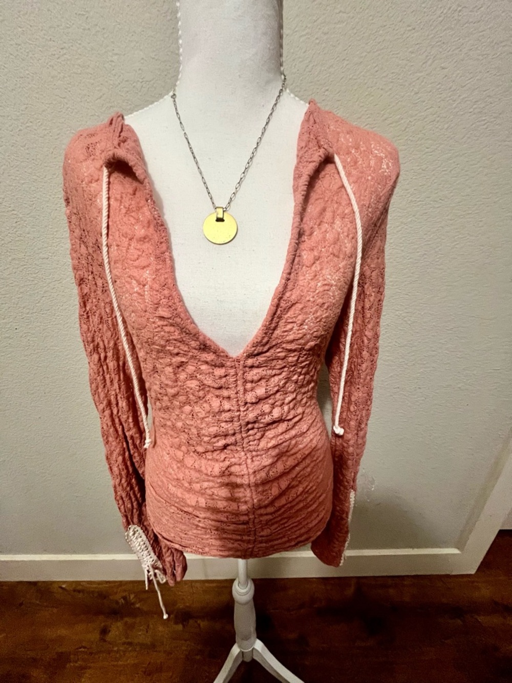 Free People Tangerine Crinkled V-Neck Pink Lace Top